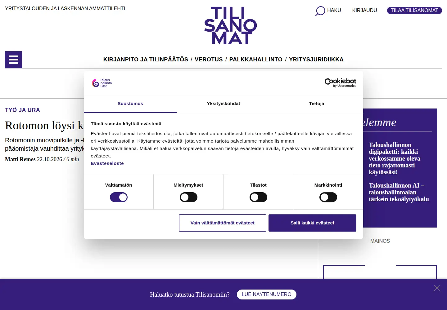 Screenshot of tilisanomat.fi