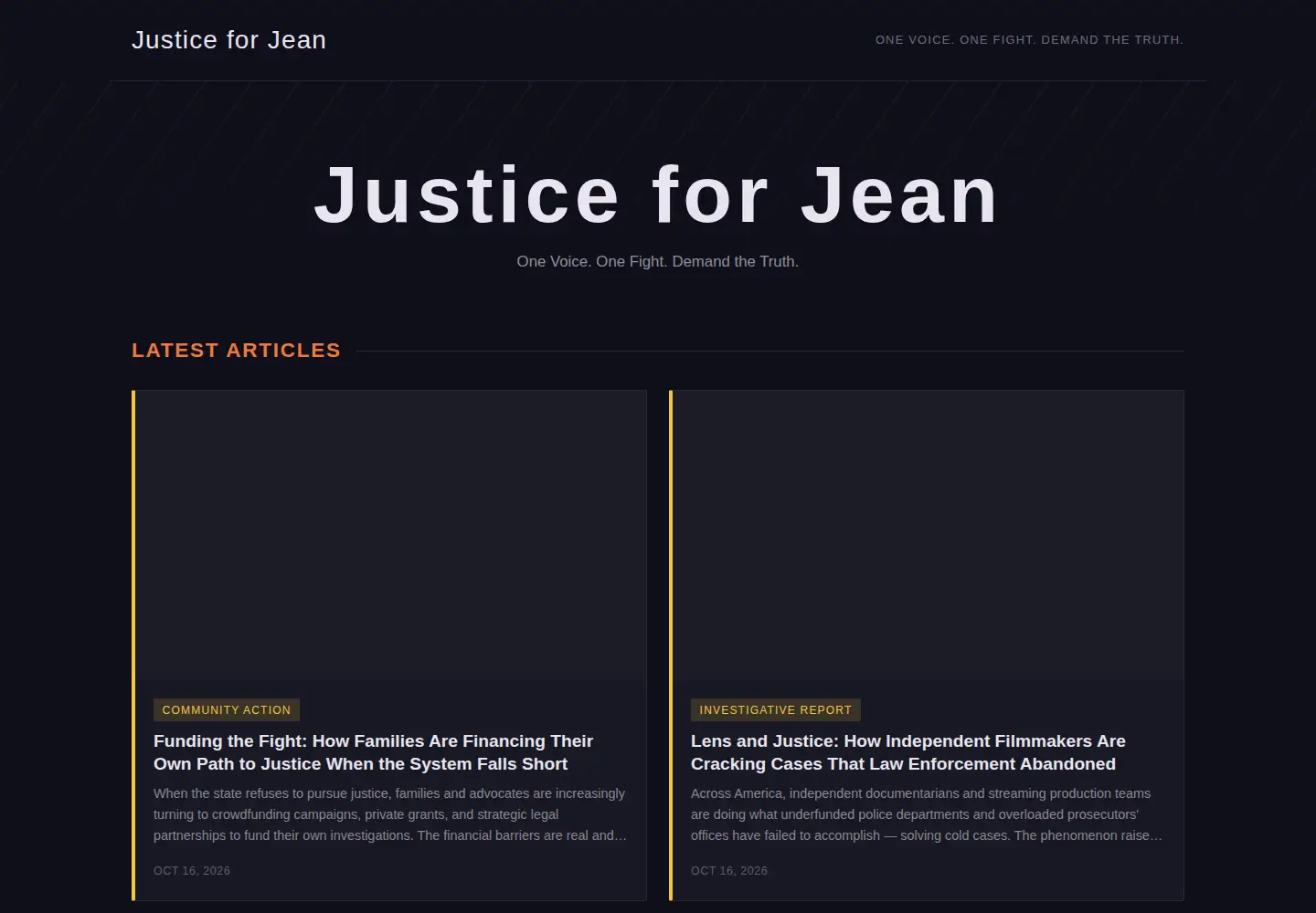 Captured homepage of justice4jean.com in the current scan