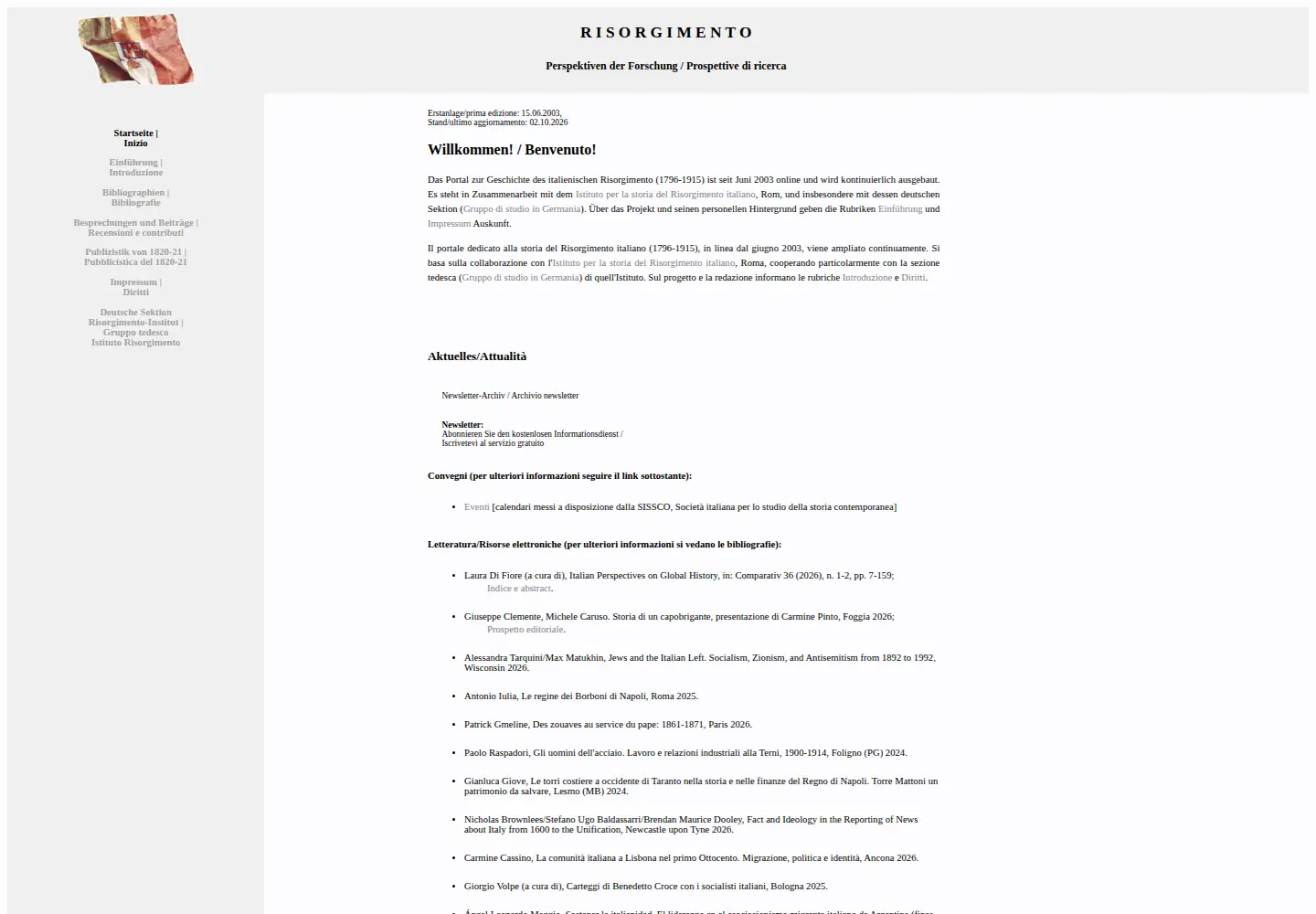 Captured homepage of risorgimento.info in the current scan