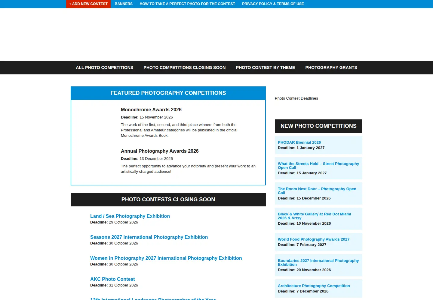Captured homepage of photocontestdeadlines.com in the current scan