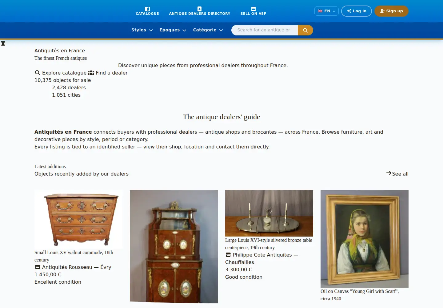 Captured homepage of antiques-in-france.com in the current scan