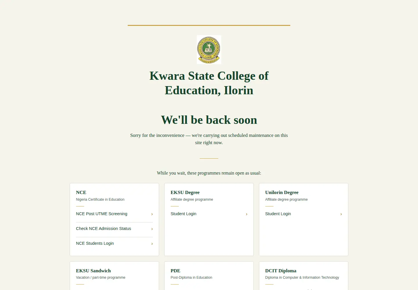 Captured homepage of kwcoeilorin.edu.ng in the current scan