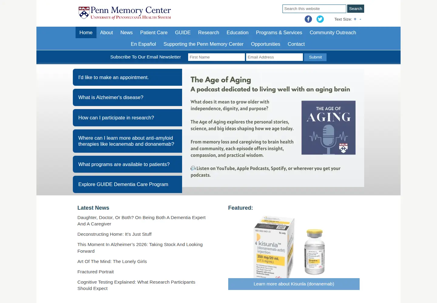 Screenshot of pennmemorycenter.org