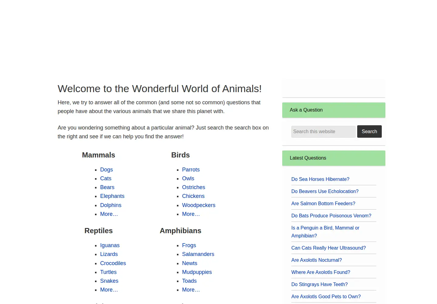 Screenshot of animalquestions.org