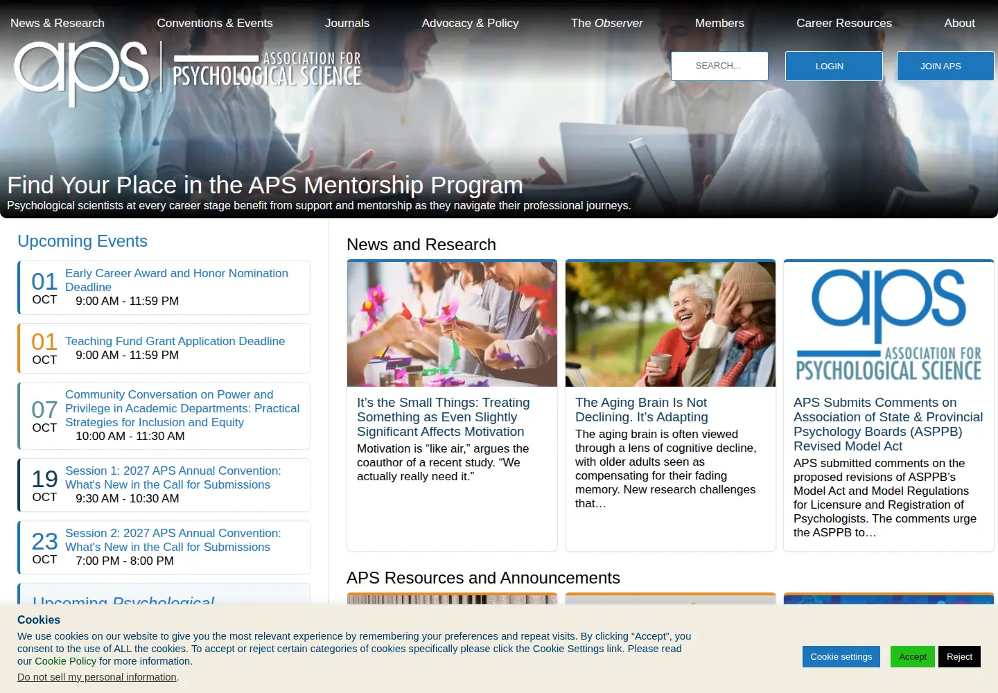 Screenshot of psychologicalscience.org