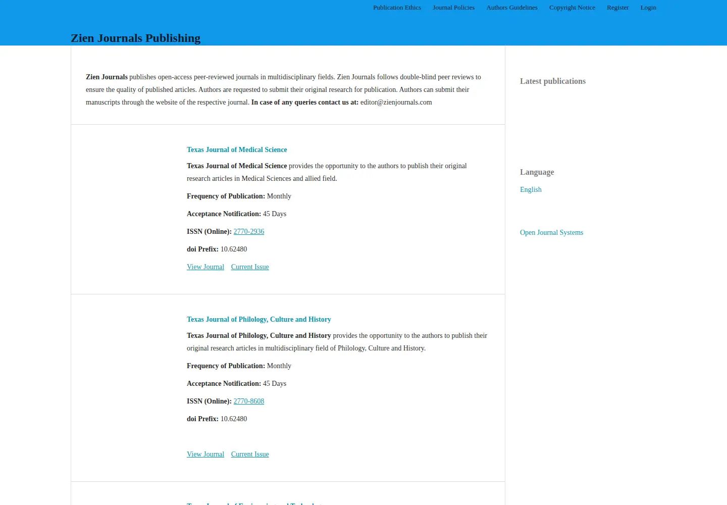 Screenshot of zienjournals.com