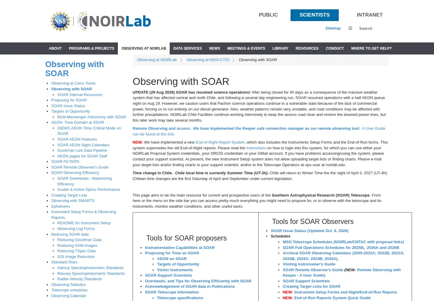 Captured homepage of soartelescope.org in the current scan