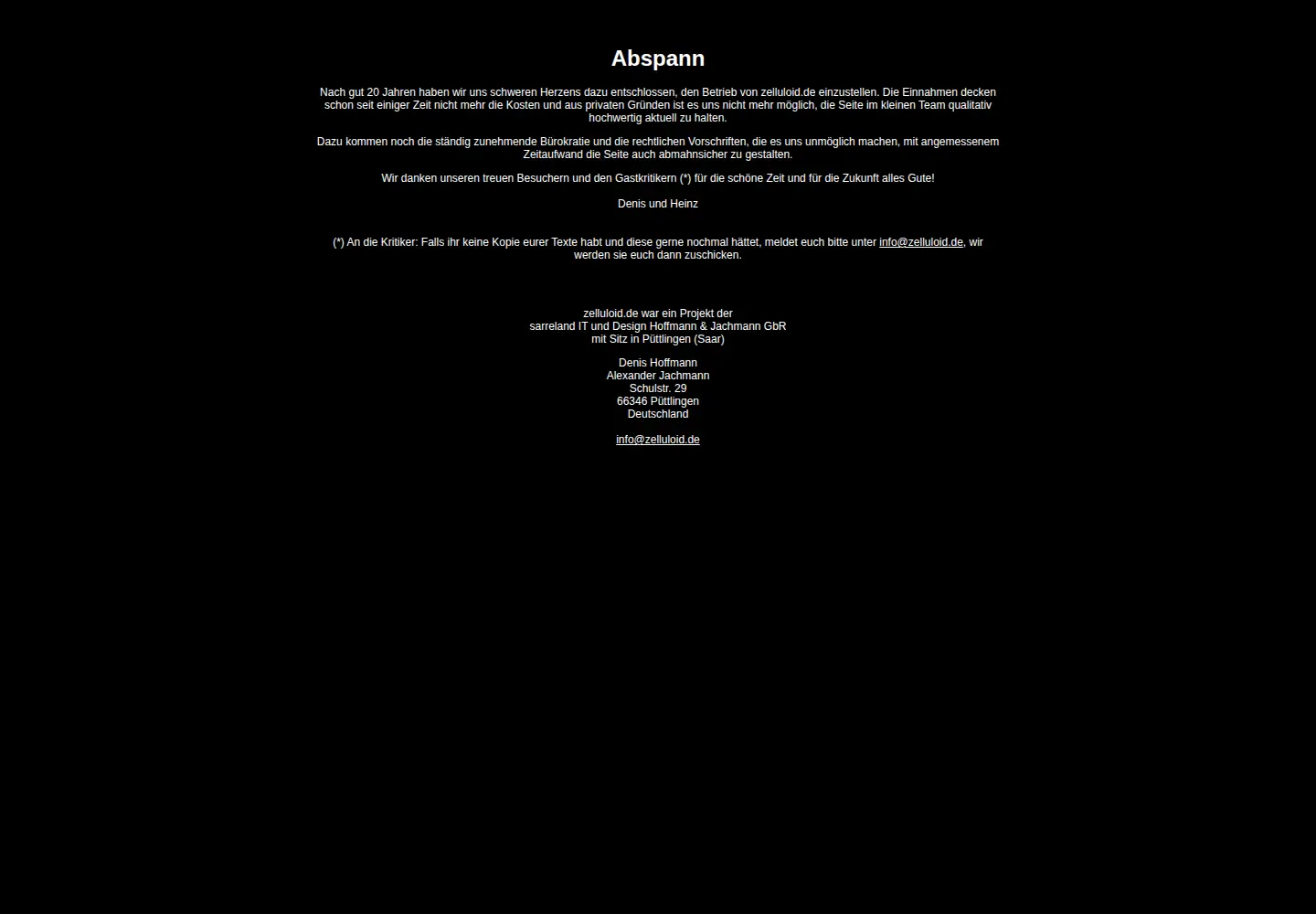 Captured homepage of zelluloid.de in the current scan