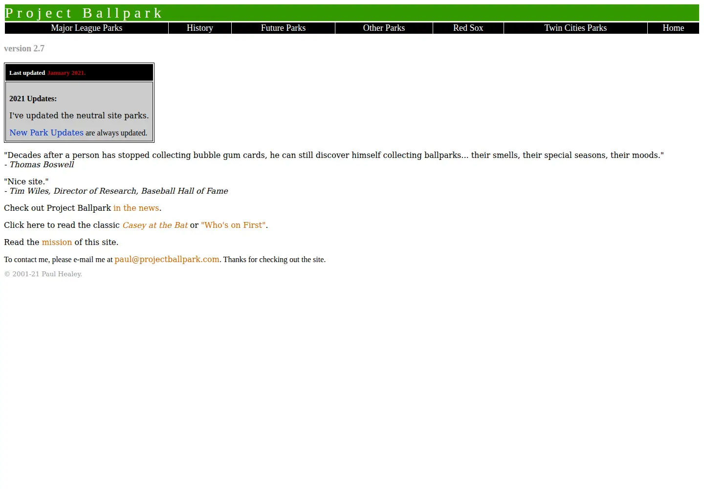 Captured homepage of projectballpark.org in the current scan