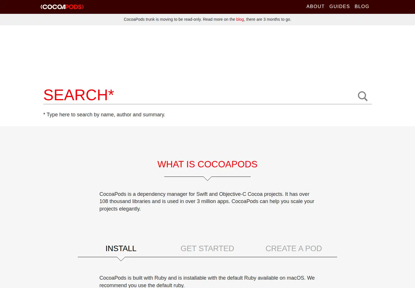 Screenshot of cocoapods.org