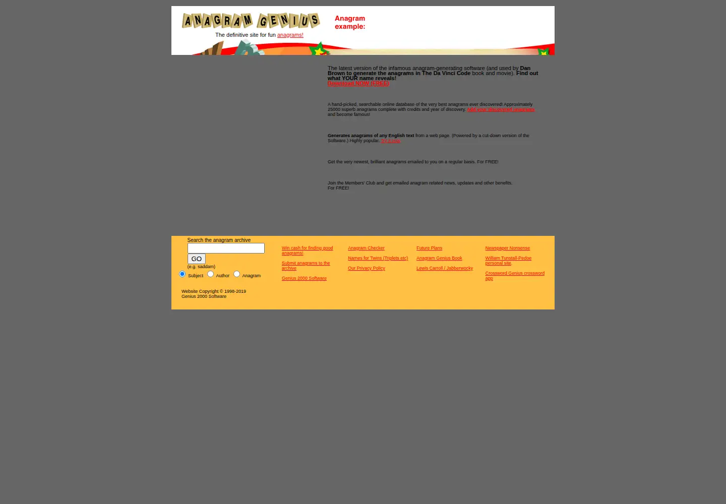 Captured homepage of anagramgenius.com in the current scan