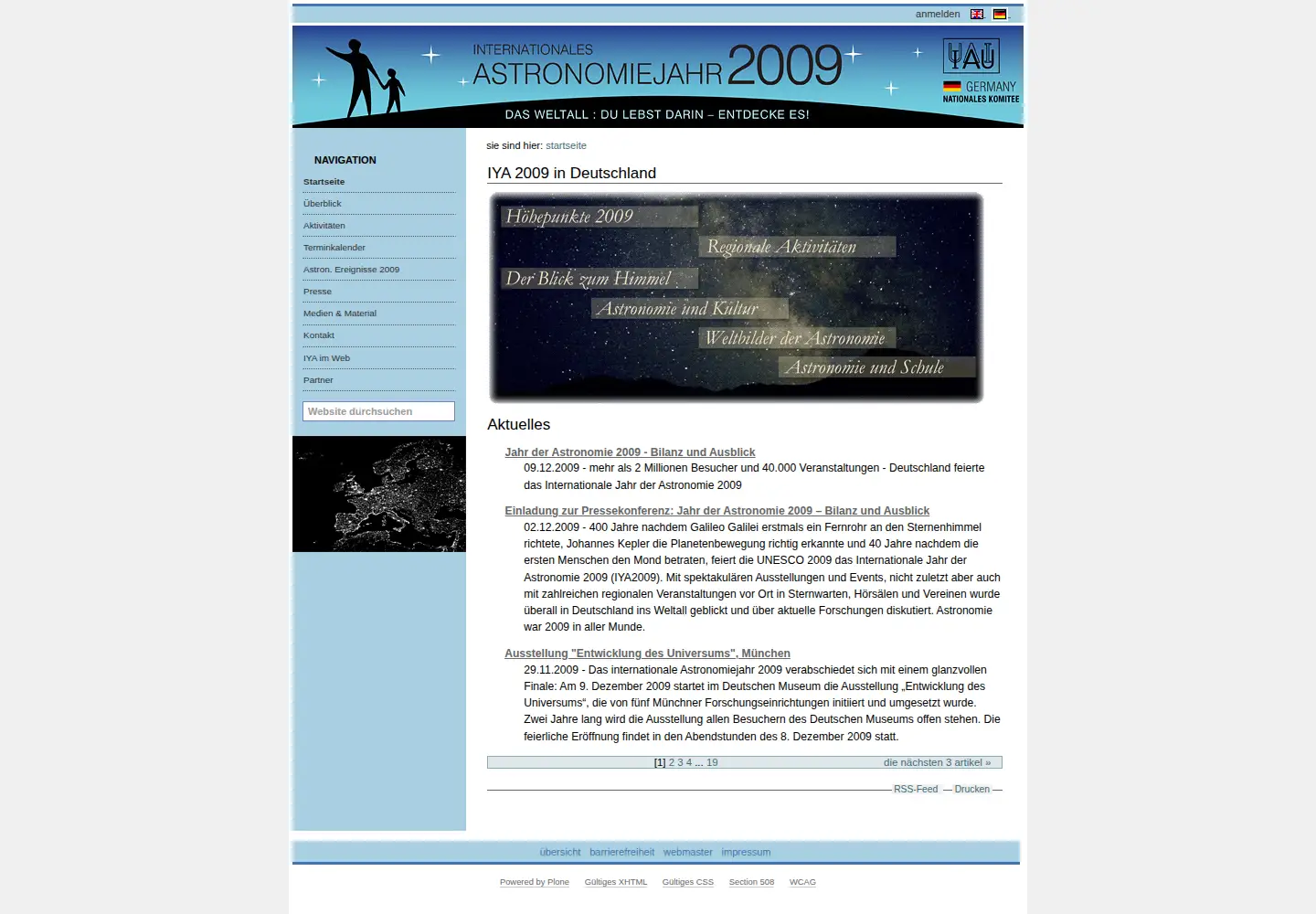 Captured homepage of astronomy2009.de in the current scan