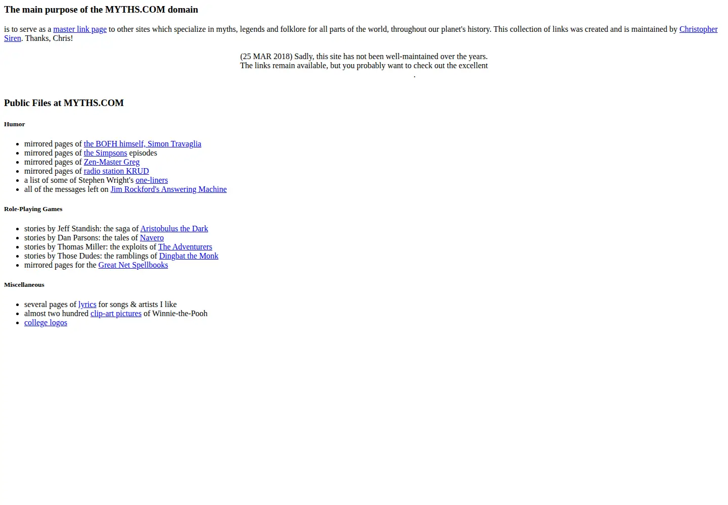 Captured homepage of myths.com in the current scan