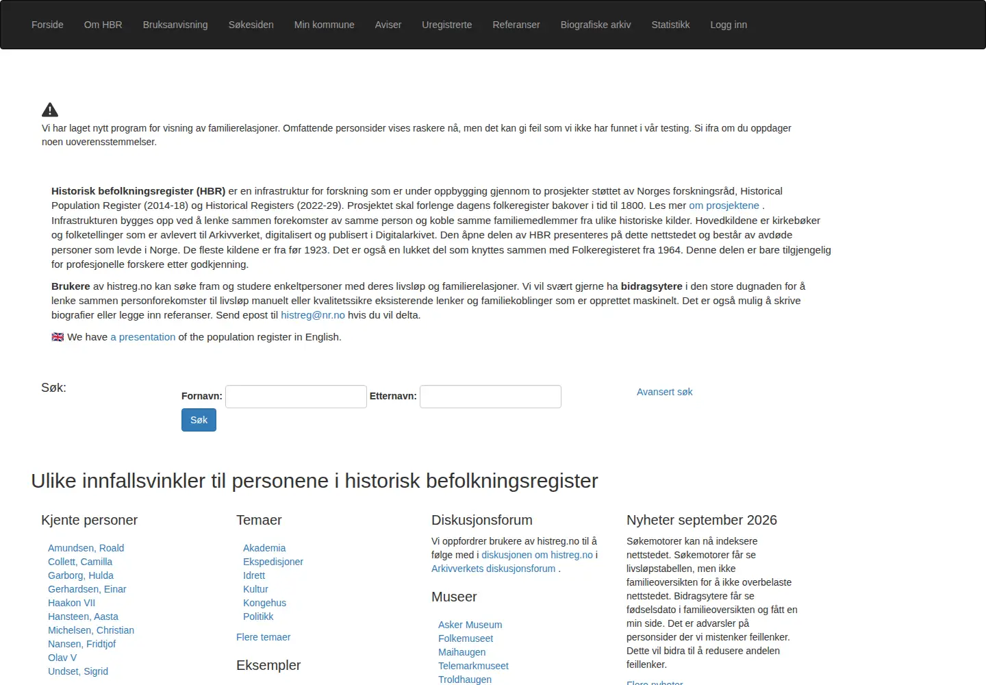 Screenshot of histreg.no