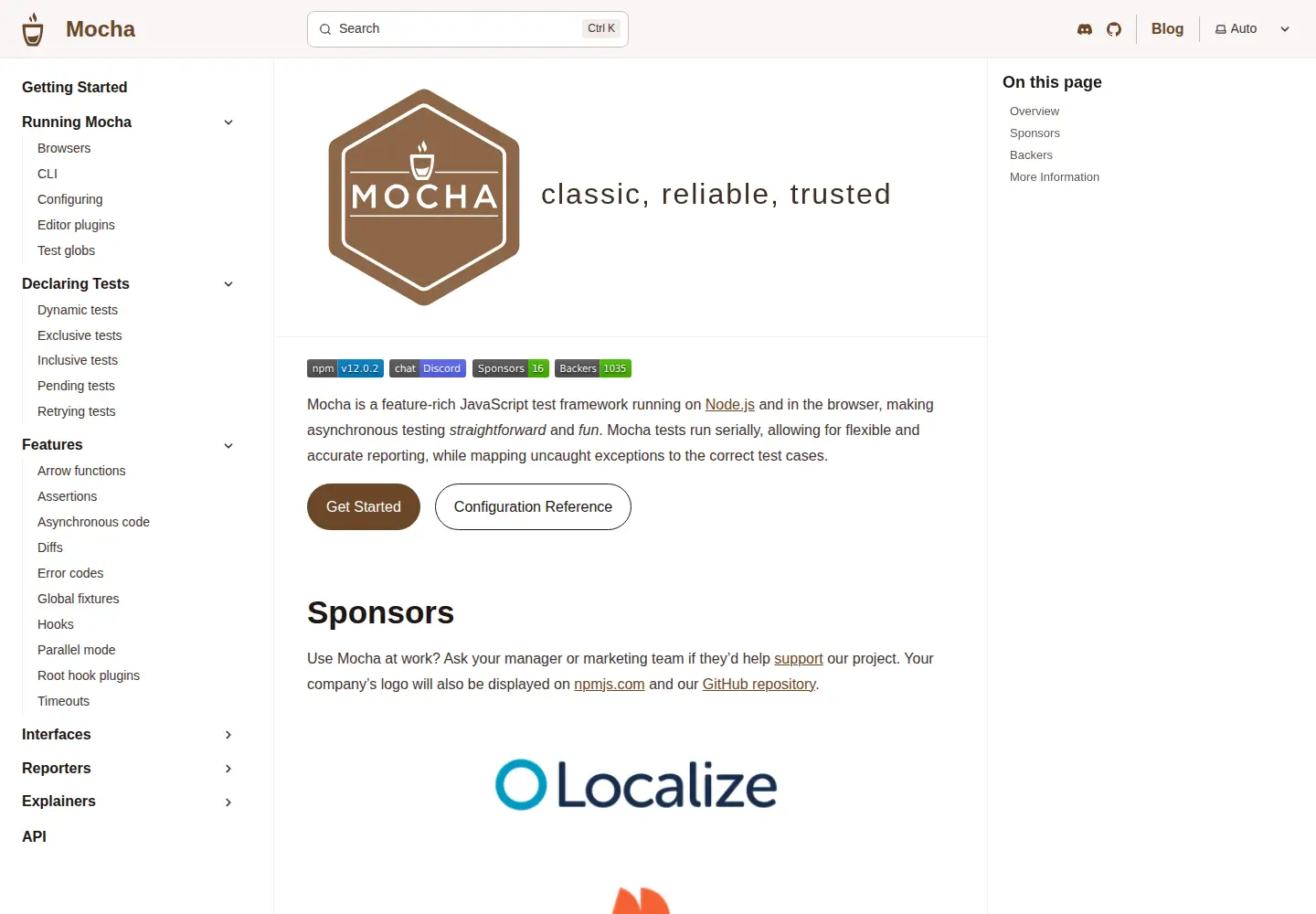 Screenshot of mochajs.org