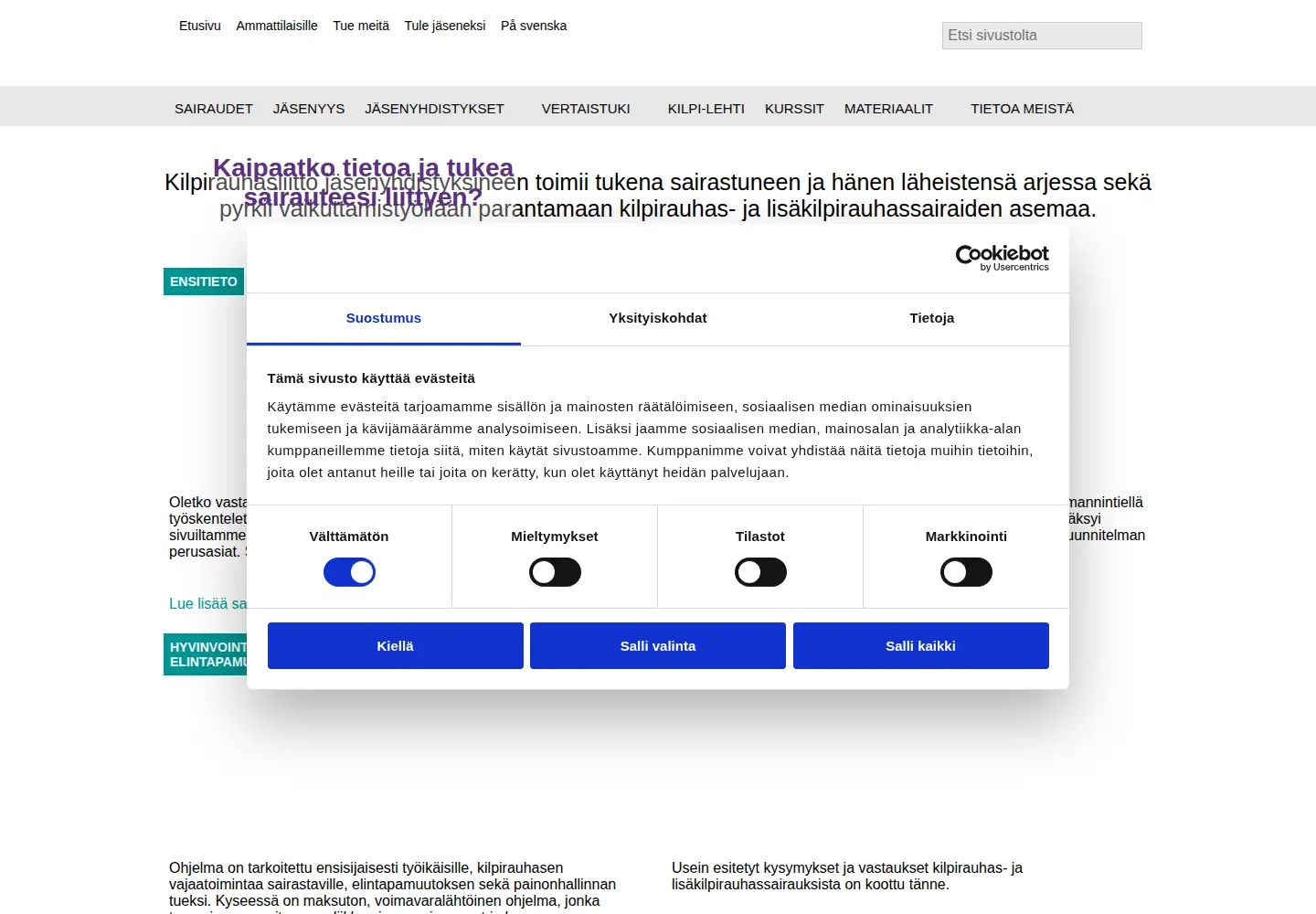 Captured homepage of kilpirauhasliitto.fi in the current scan