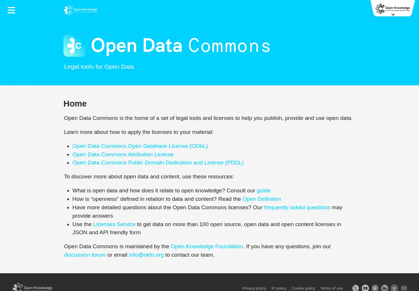 Screenshot of opendatacommons.org