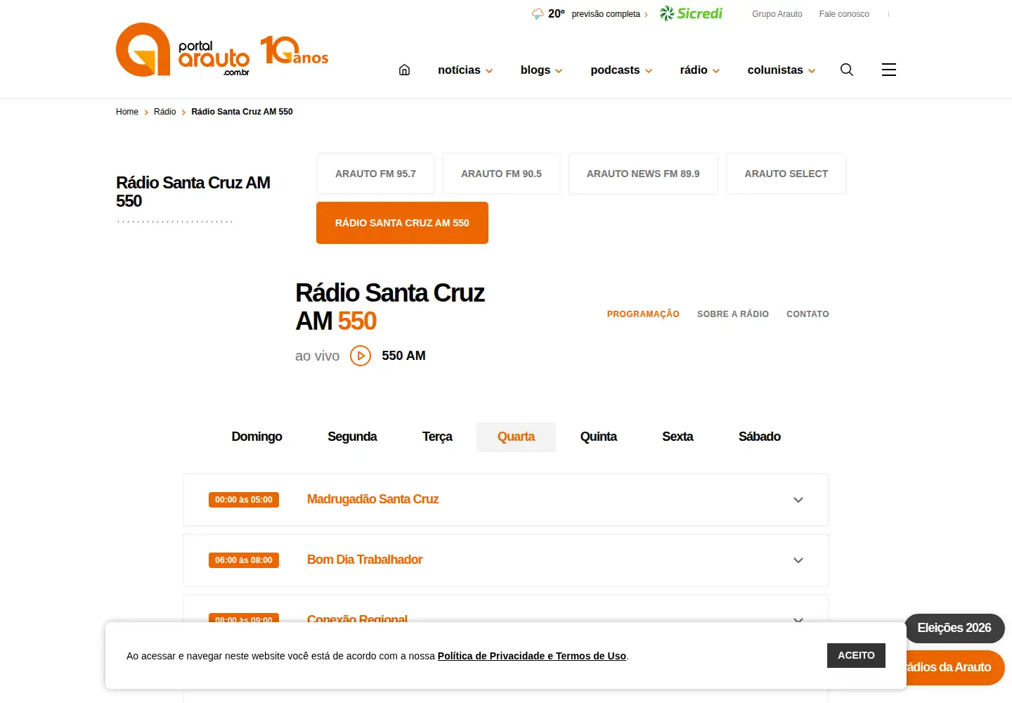 Screenshot of radiosantacruz.com.br