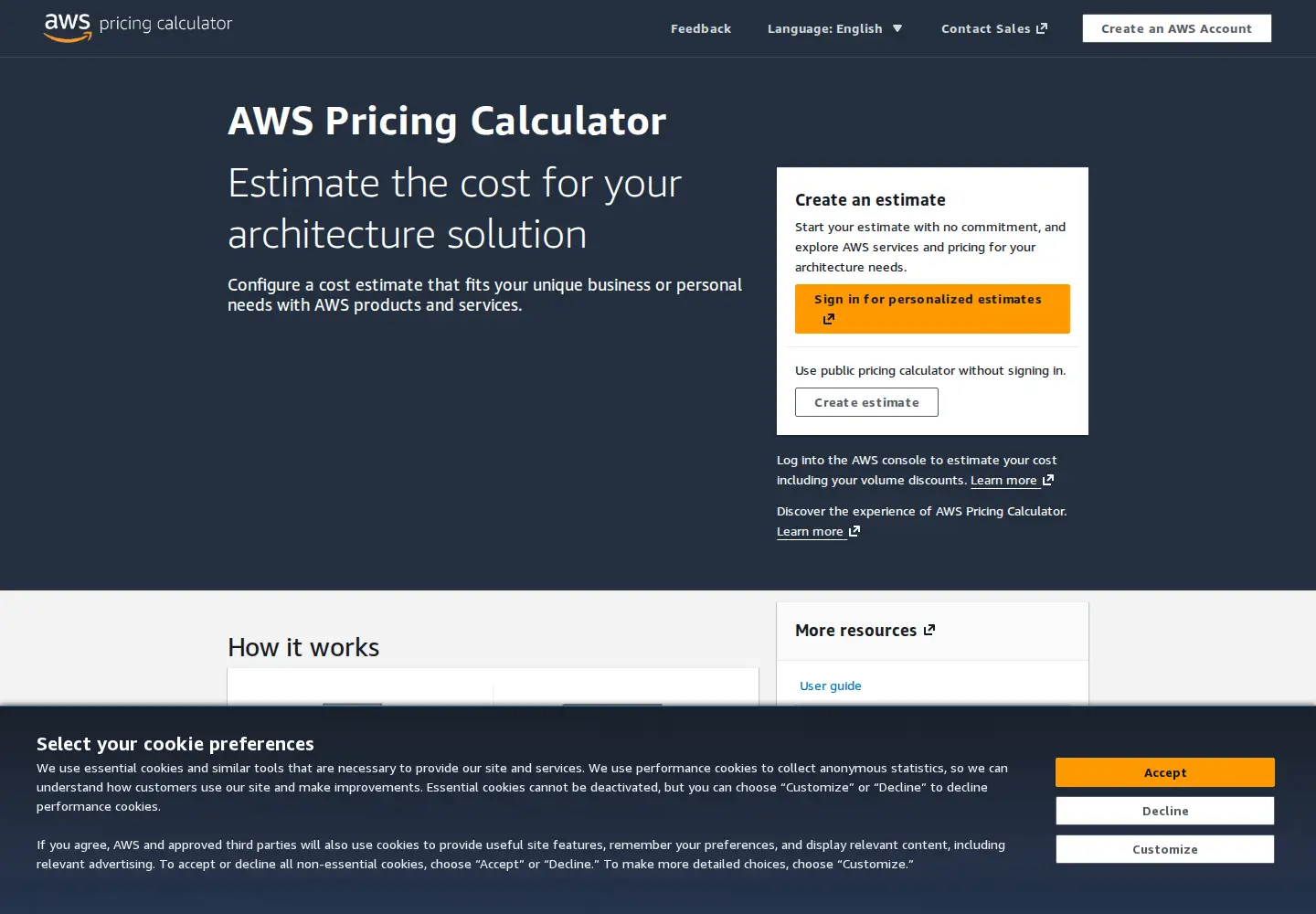 Screenshot of calculator.aws