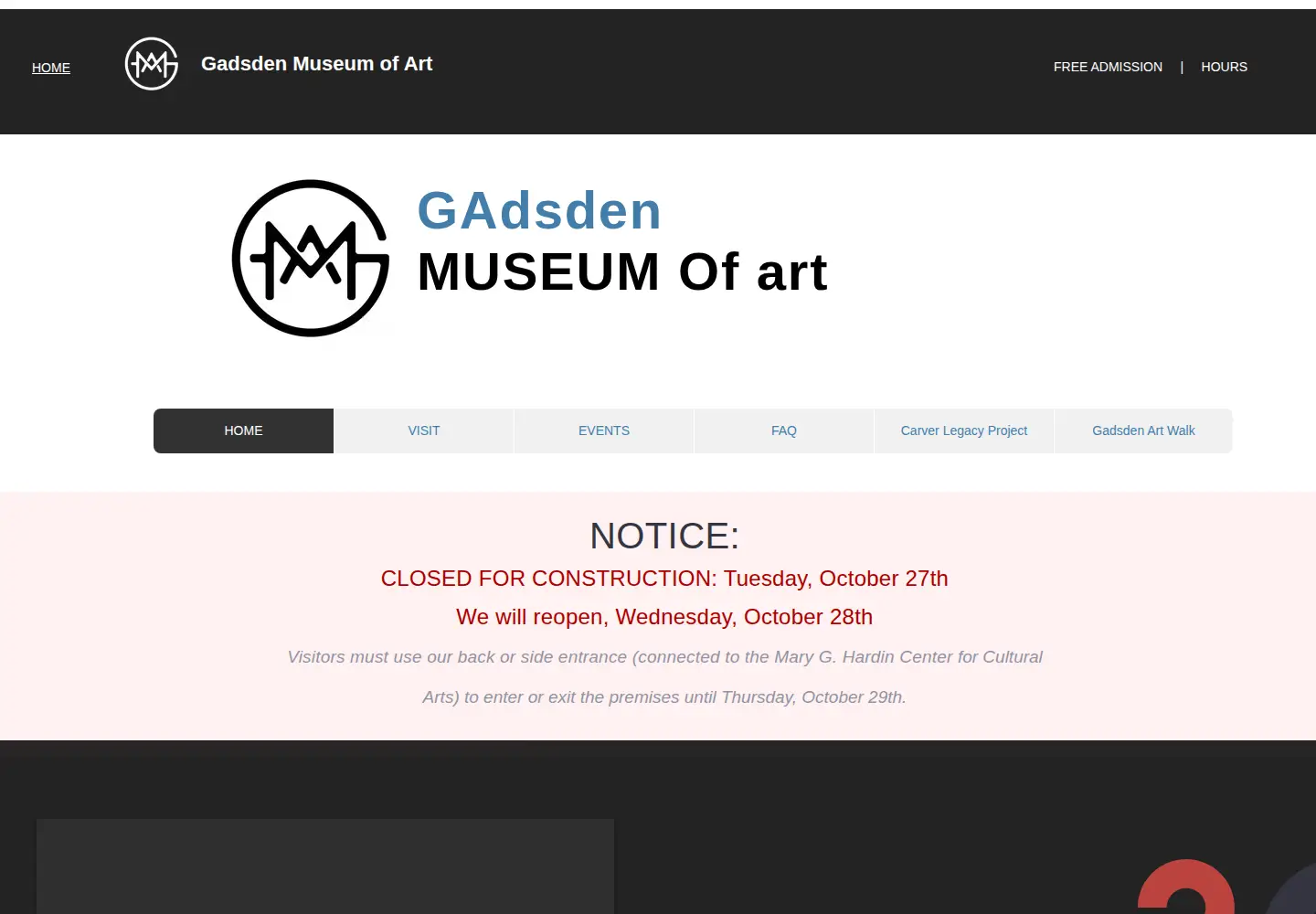 Captured homepage of gadsdenmuseum.com in the current scan