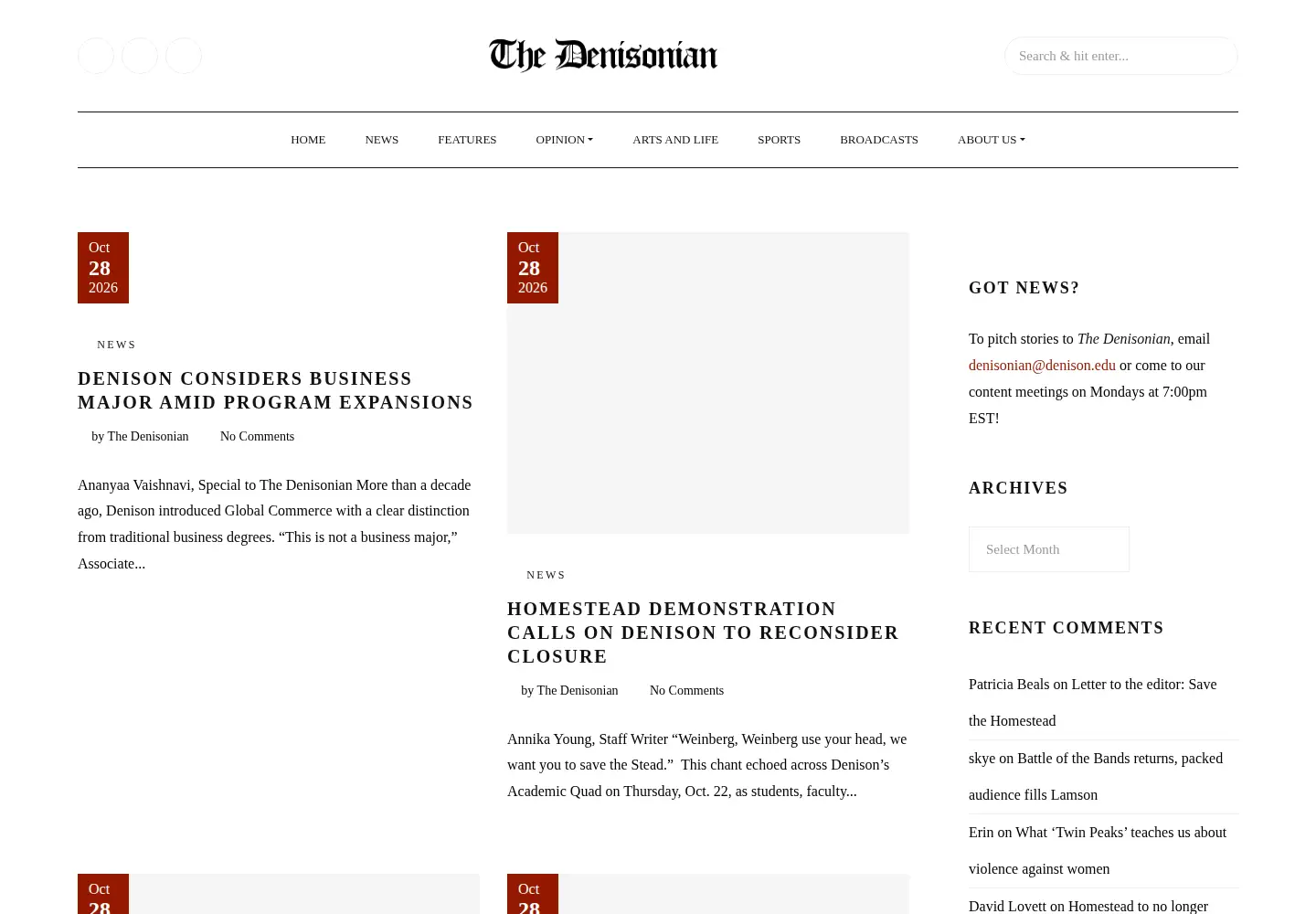 Captured homepage of denisonian.com in the current scan
