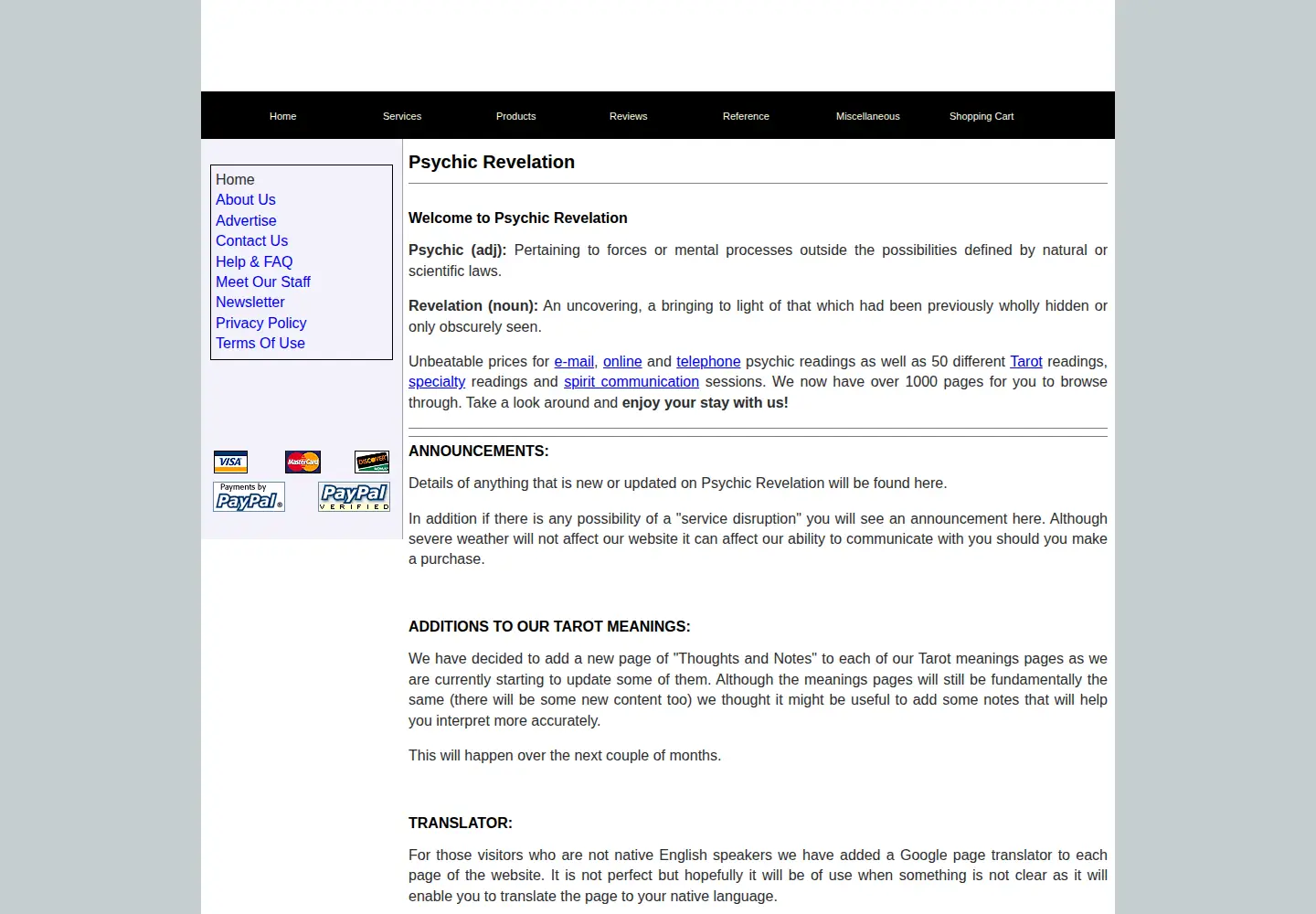 Captured homepage of psychic-revelation.com in the current scan