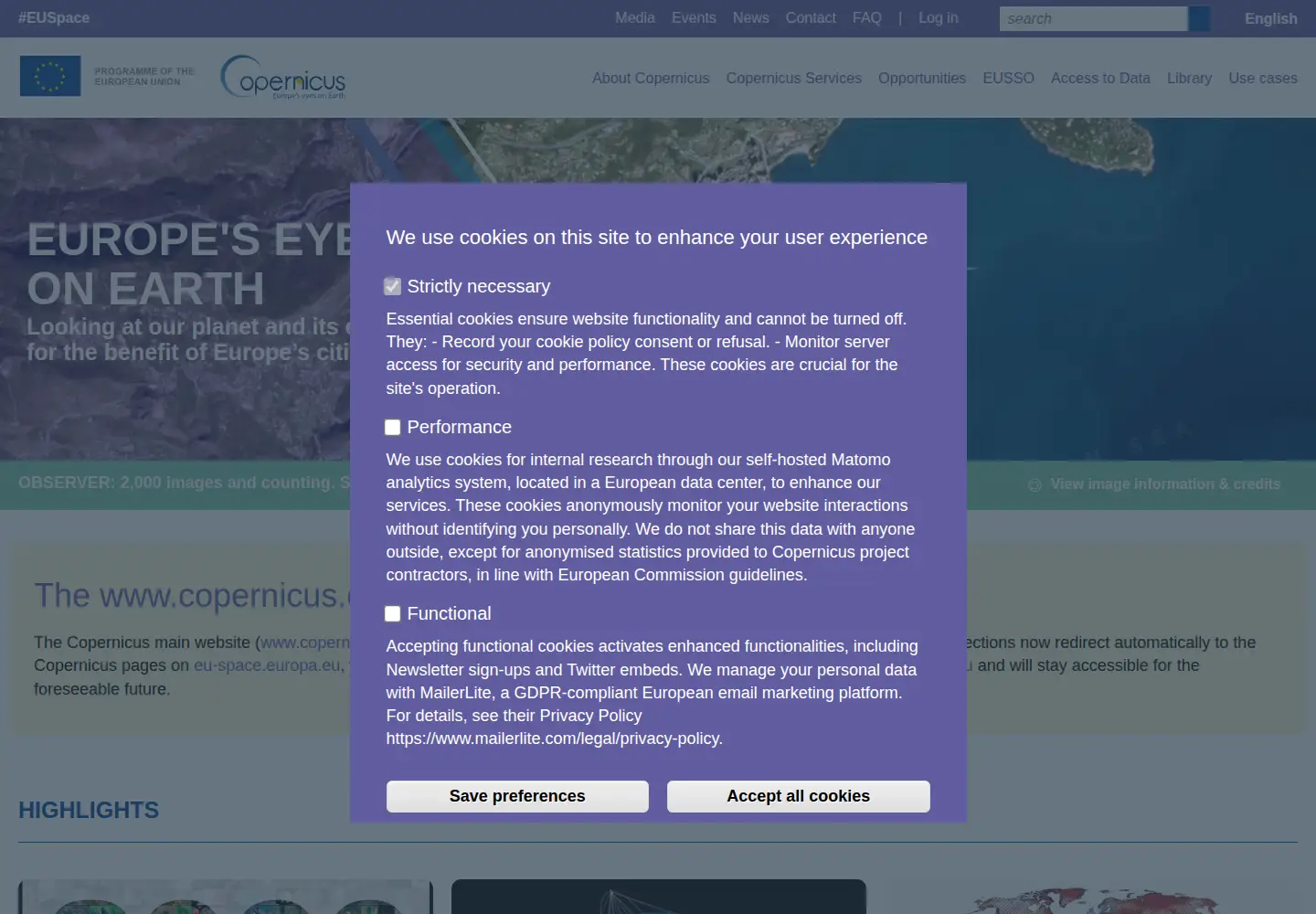Screenshot of copernicus.eu