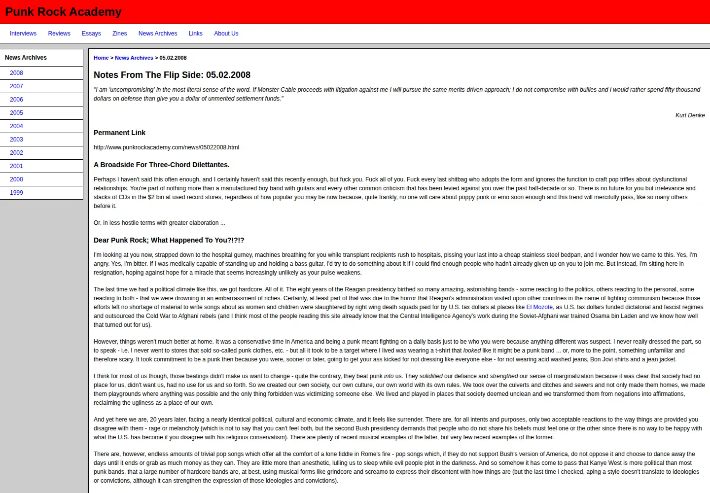 Captured homepage of punkrockacademy.com in the current scan