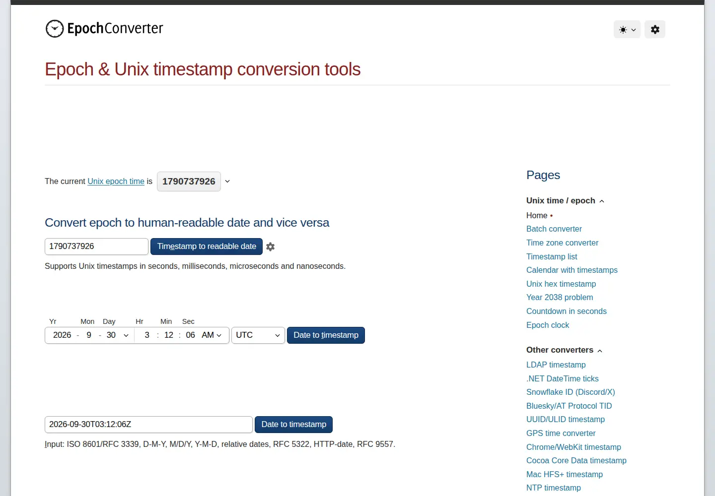 Screenshot of epochconverter.com