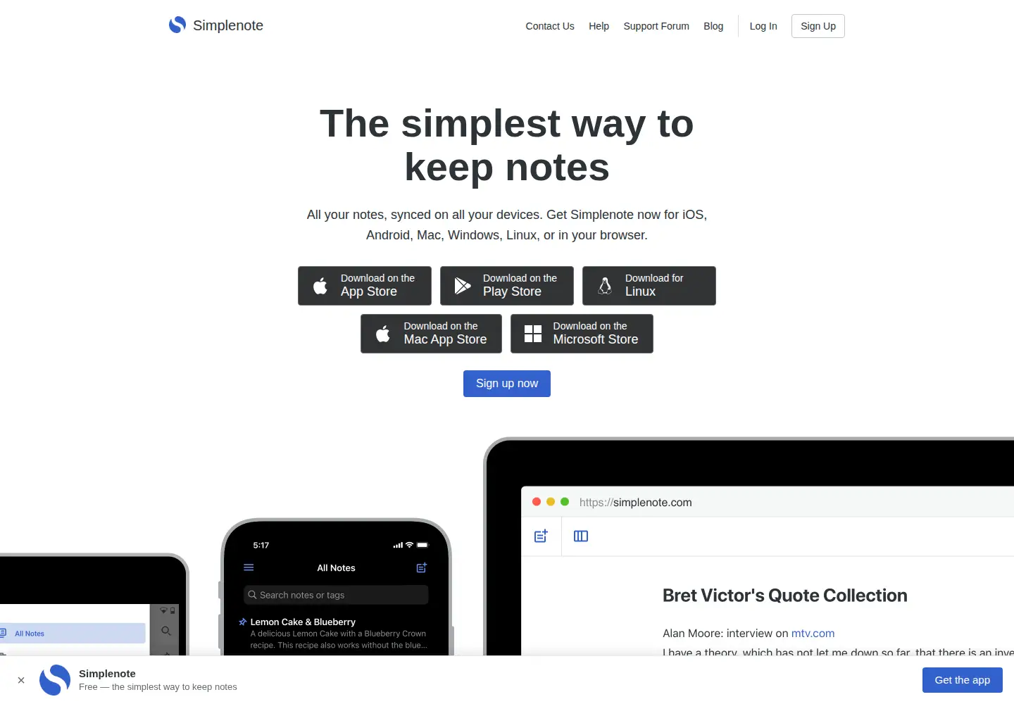 Screenshot of simplenote.com