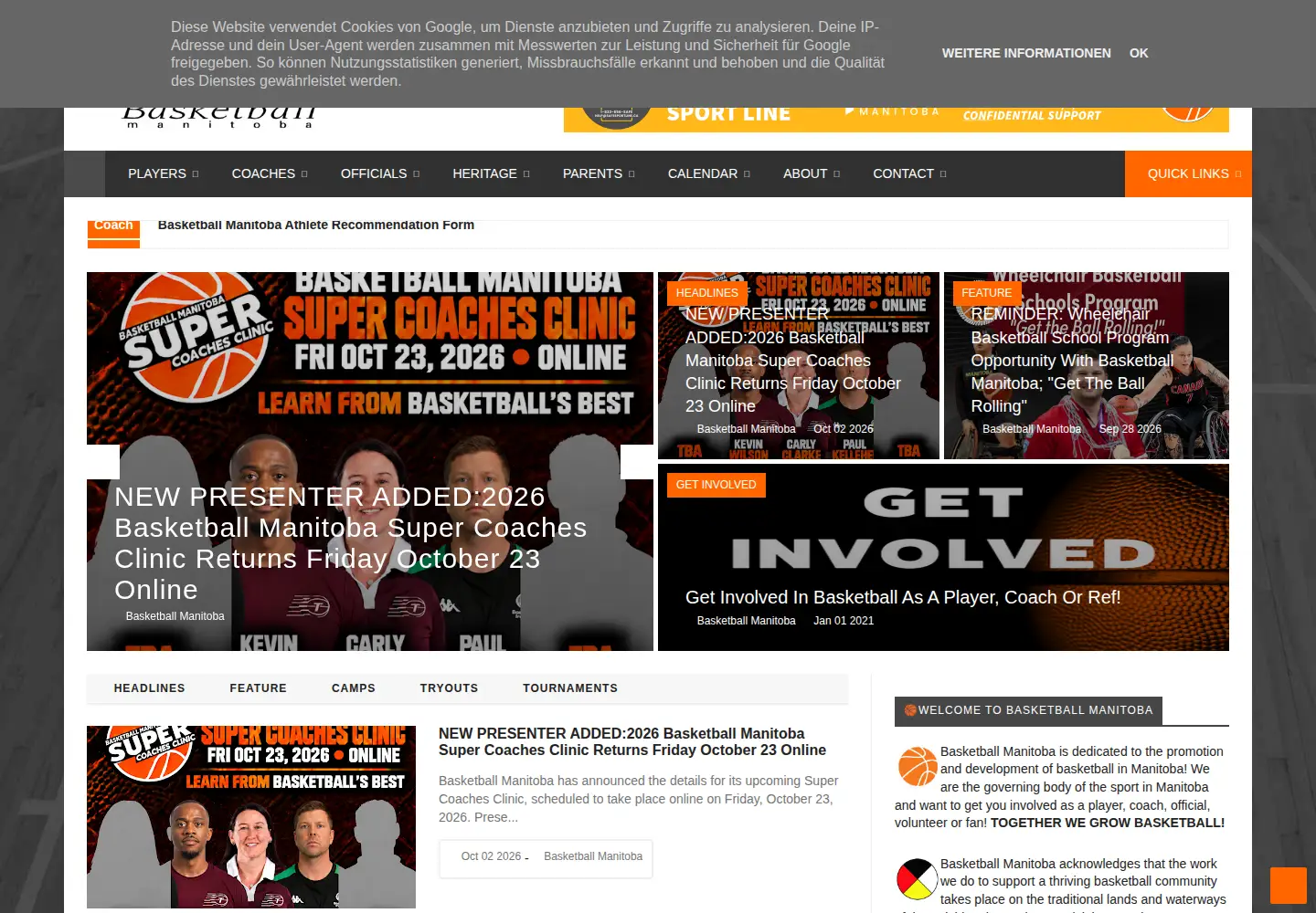 Screenshot of basketballmanitoba.ca