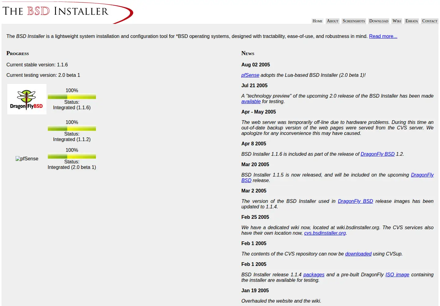 Captured homepage of bsdinstaller.org in the current scan