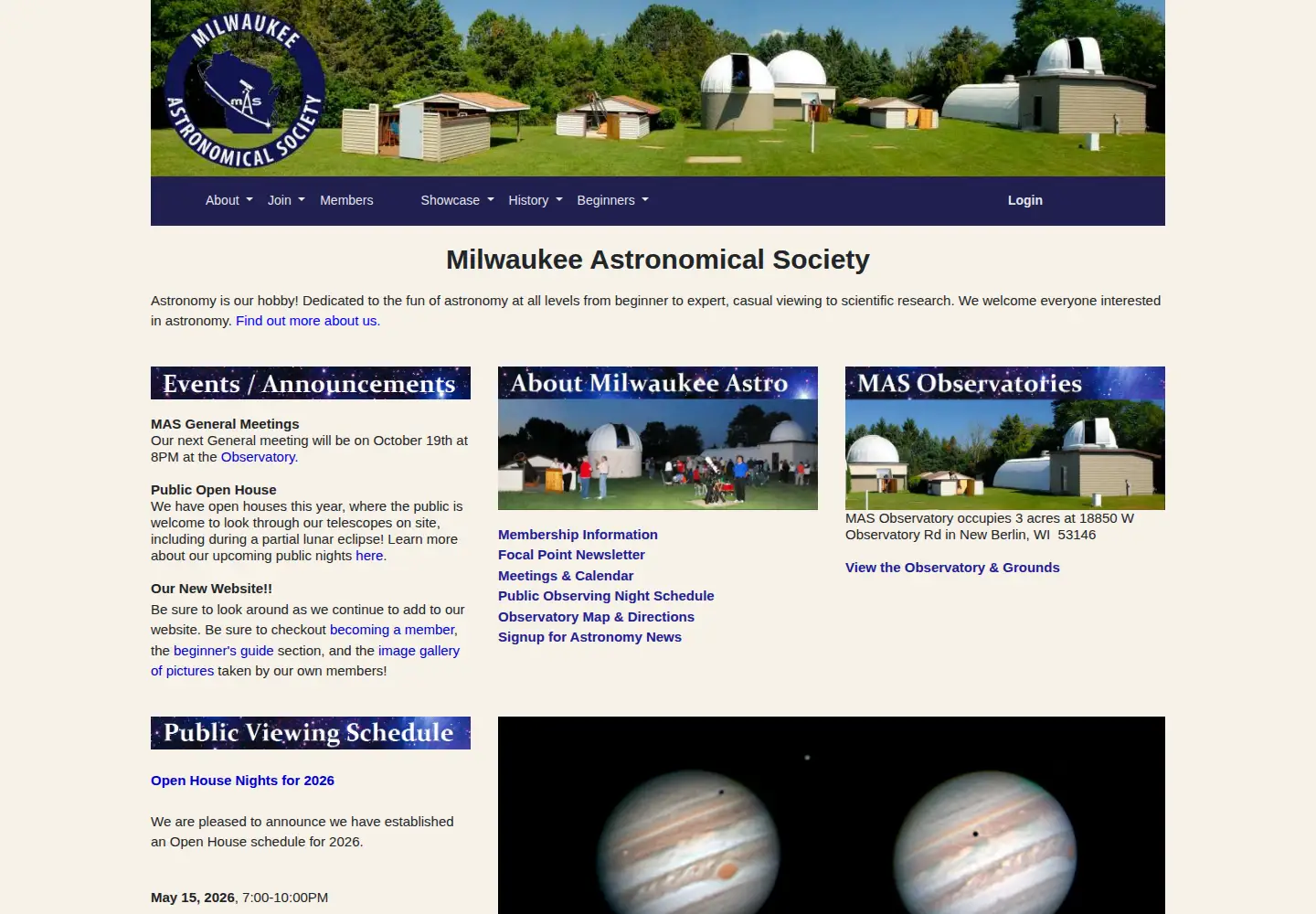 Captured homepage of milwaukeeastro.org in the current scan