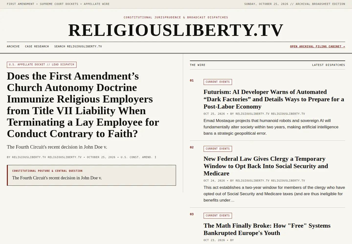 Captured homepage of religiousliberty.tv in the current scan