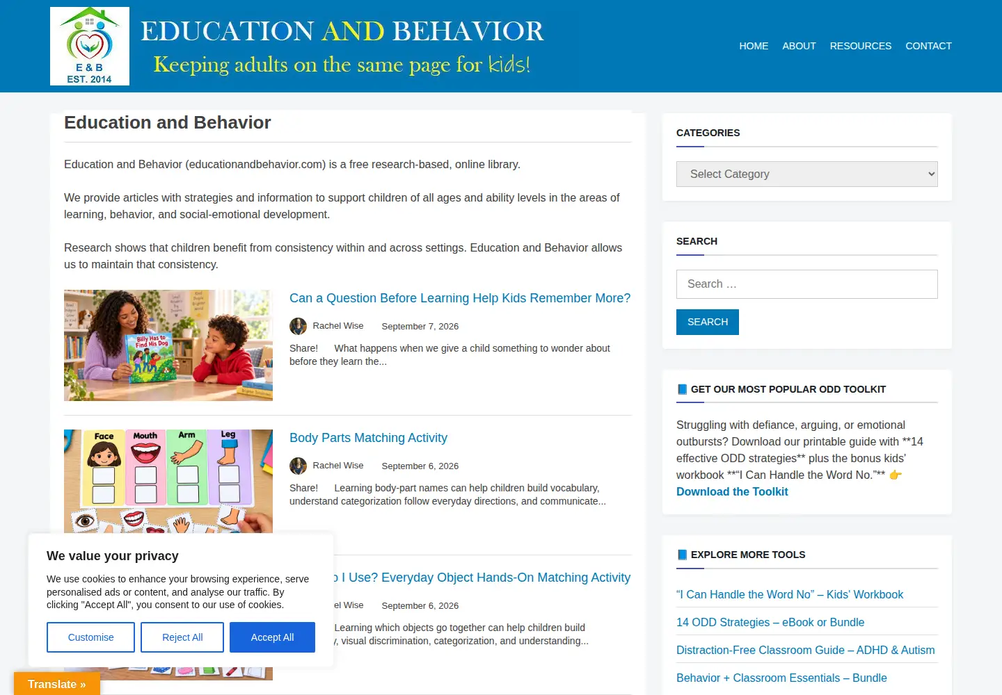 Screenshot of educationandbehavior.com