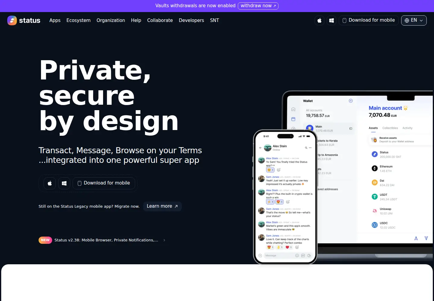 Captured homepage of status.app in the current scan