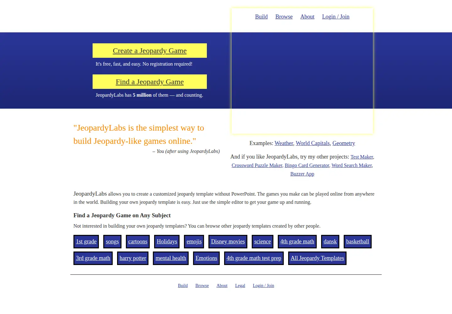 Screenshot of jeopardylabs.com