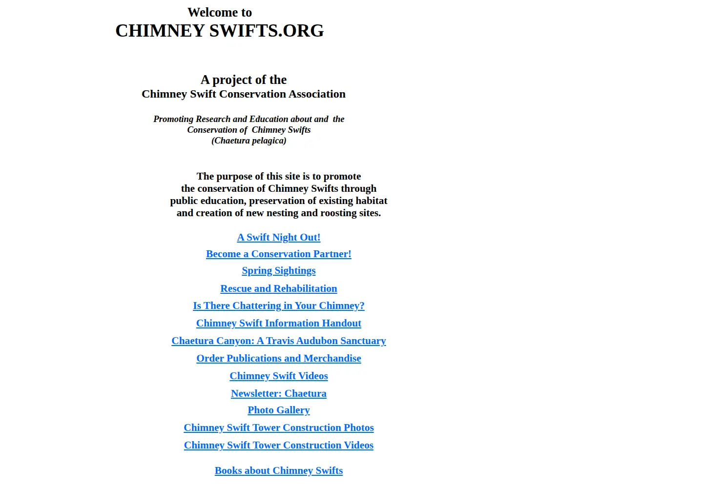 Screenshot of chimneyswifts.org