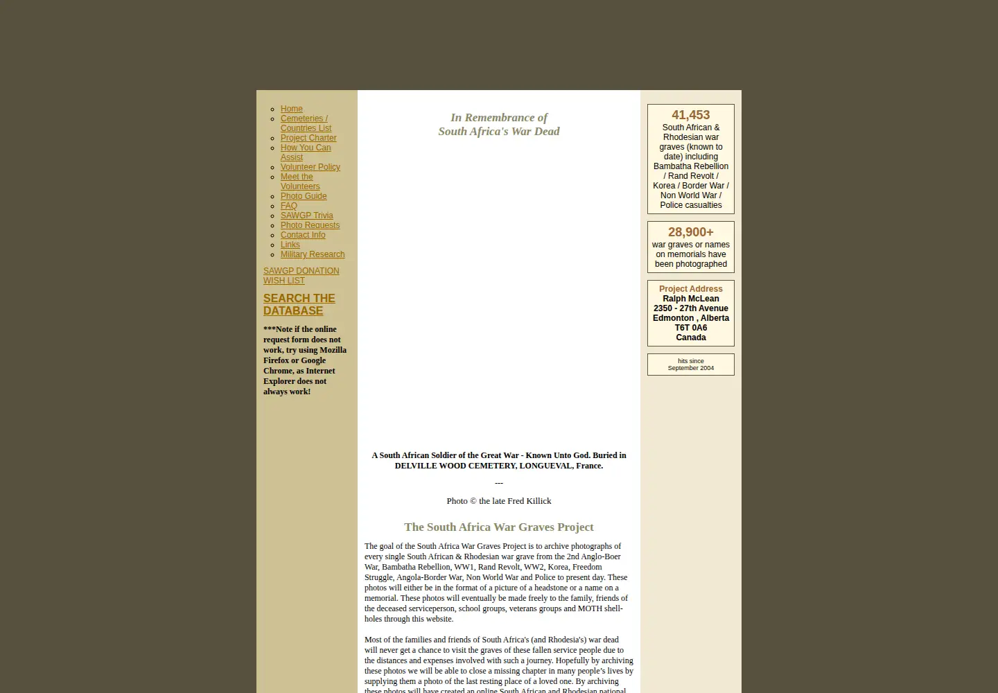 Captured homepage of southafricawargraves.org in the current scan