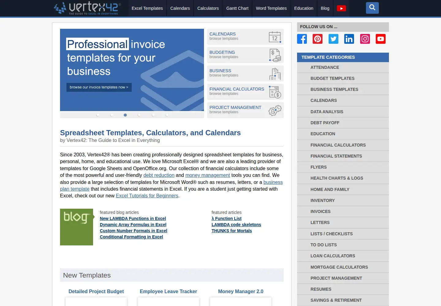 Screenshot of vertex42.com