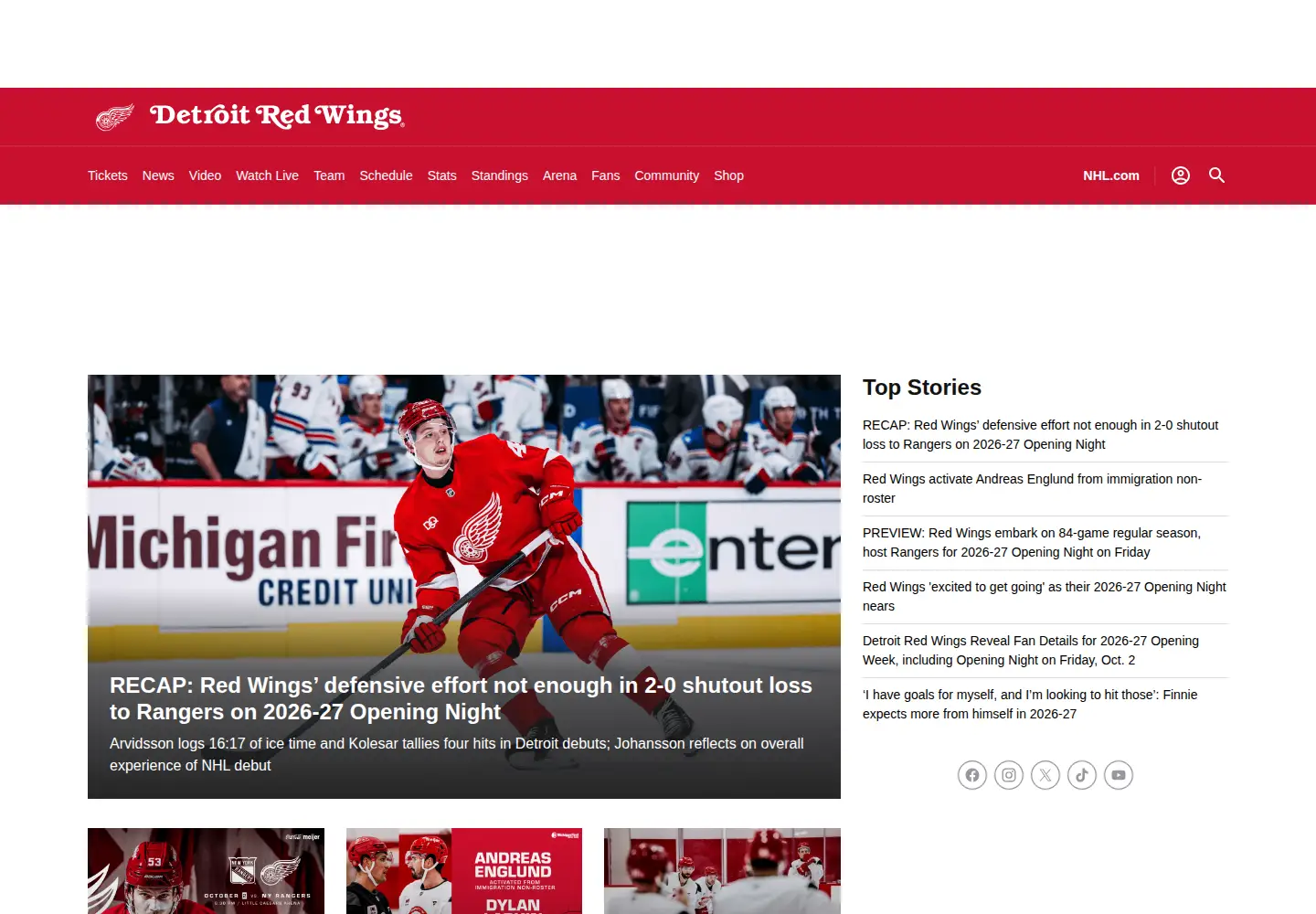 Captured homepage of detroitredwings.com in the current scan