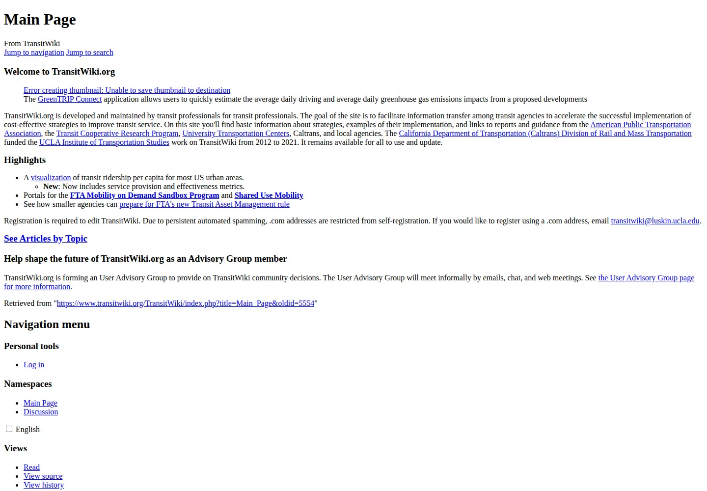 Captured homepage of transitwiki.org in the current scan