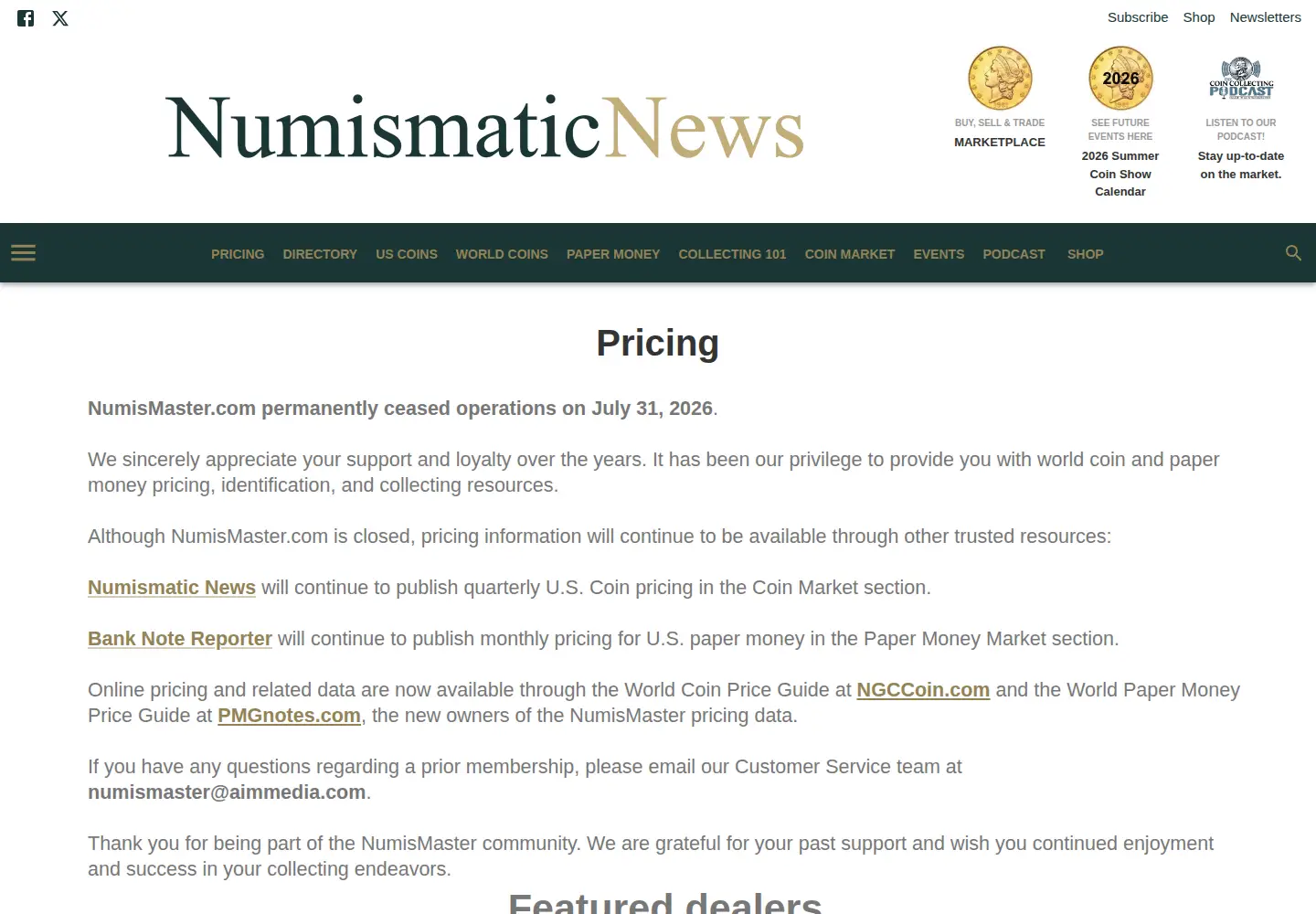 Captured homepage of numismaster.com in the current scan