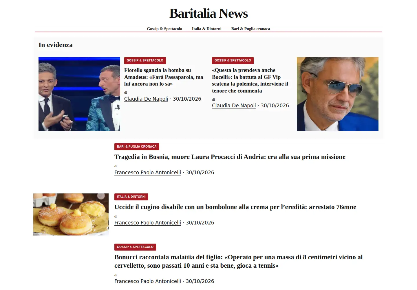Captured homepage of baritalianews.it in the current scan