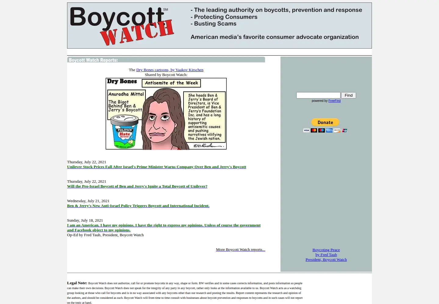 Captured homepage of boycottwatch.org in the current scan