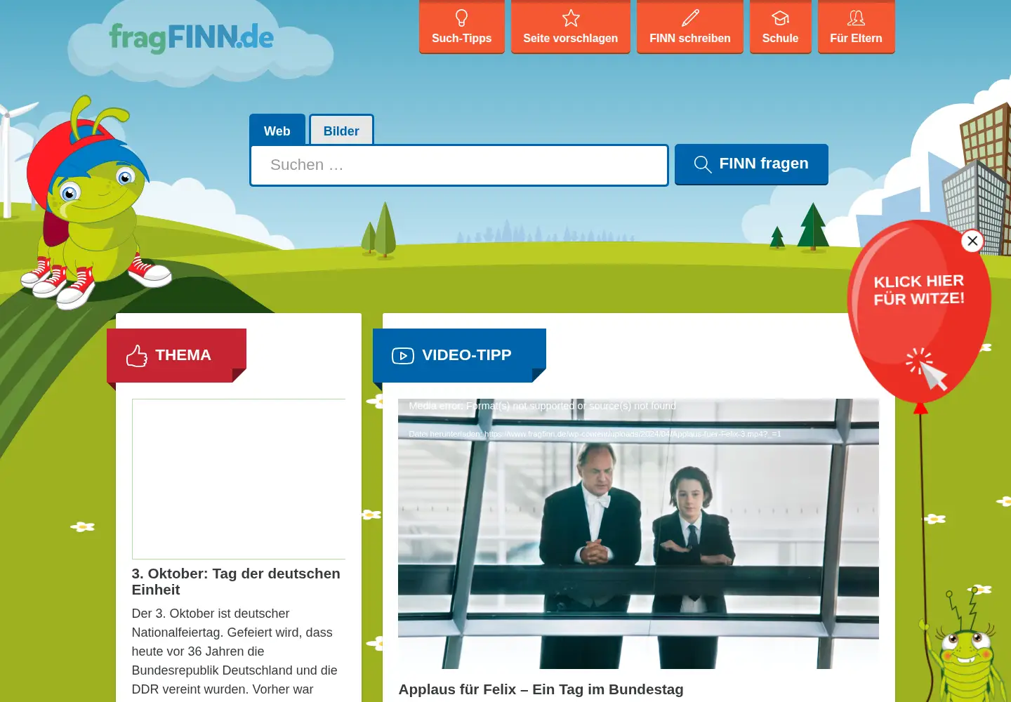 Captured homepage of fragfinn.de in the current scan