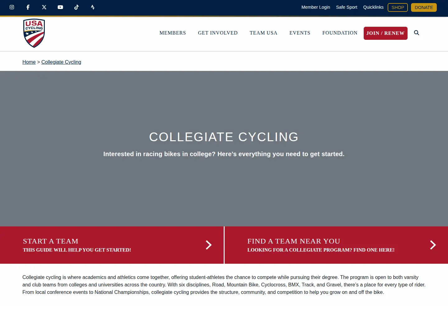 Captured homepage of collegiatecycling.org in the current scan