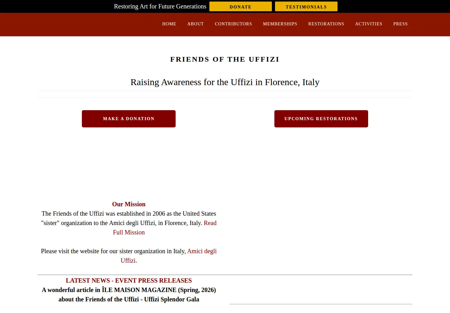 Captured homepage of friendsoftheuffizigallery.org in the current scan