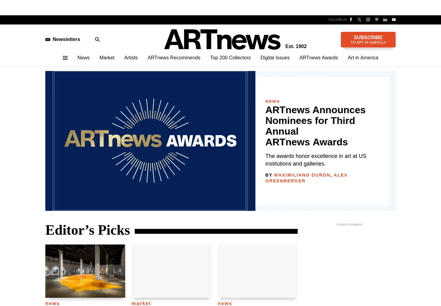 Captured homepage of artnews.com in the current scan