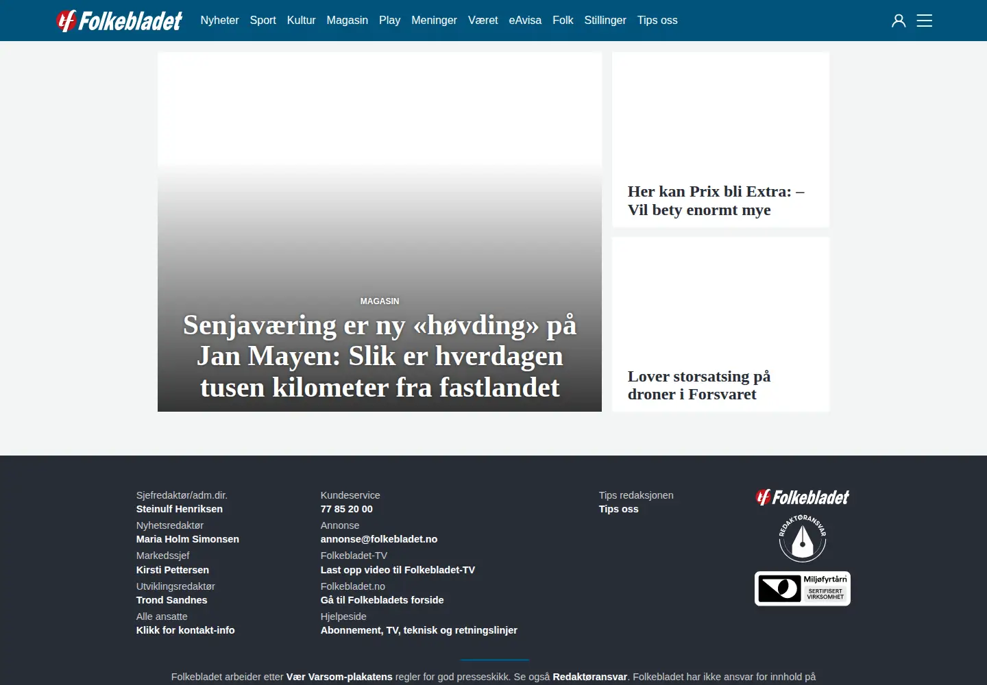 Captured homepage of folkebladet.no in the current scan